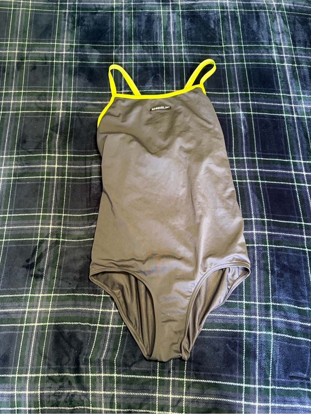 Speedo grey one piece endurance swimsuit w/yellow straps&cutout back. Size 10.